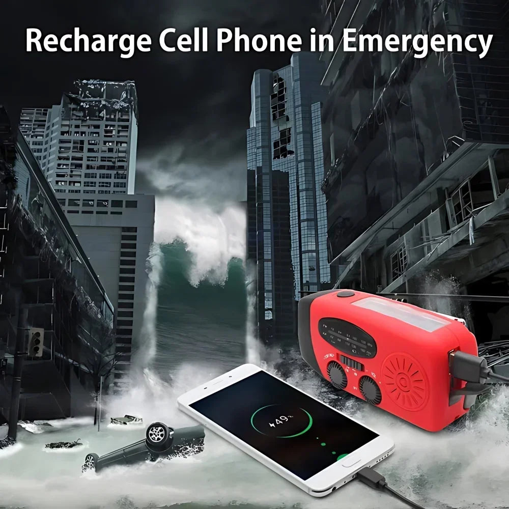 A red emergency power bank shown plugged into a smartphone displaying low battery, set against a dark, apocalyptic city scene with a large wave crashing. White text at the top reads 'Recharge Cell Phone in Emergency'.