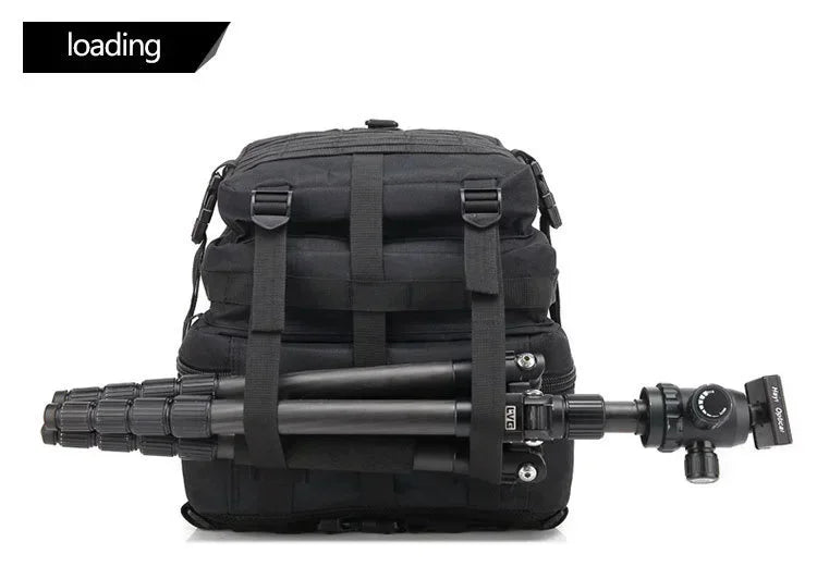 Black backpack with a tripod attached on a white background
