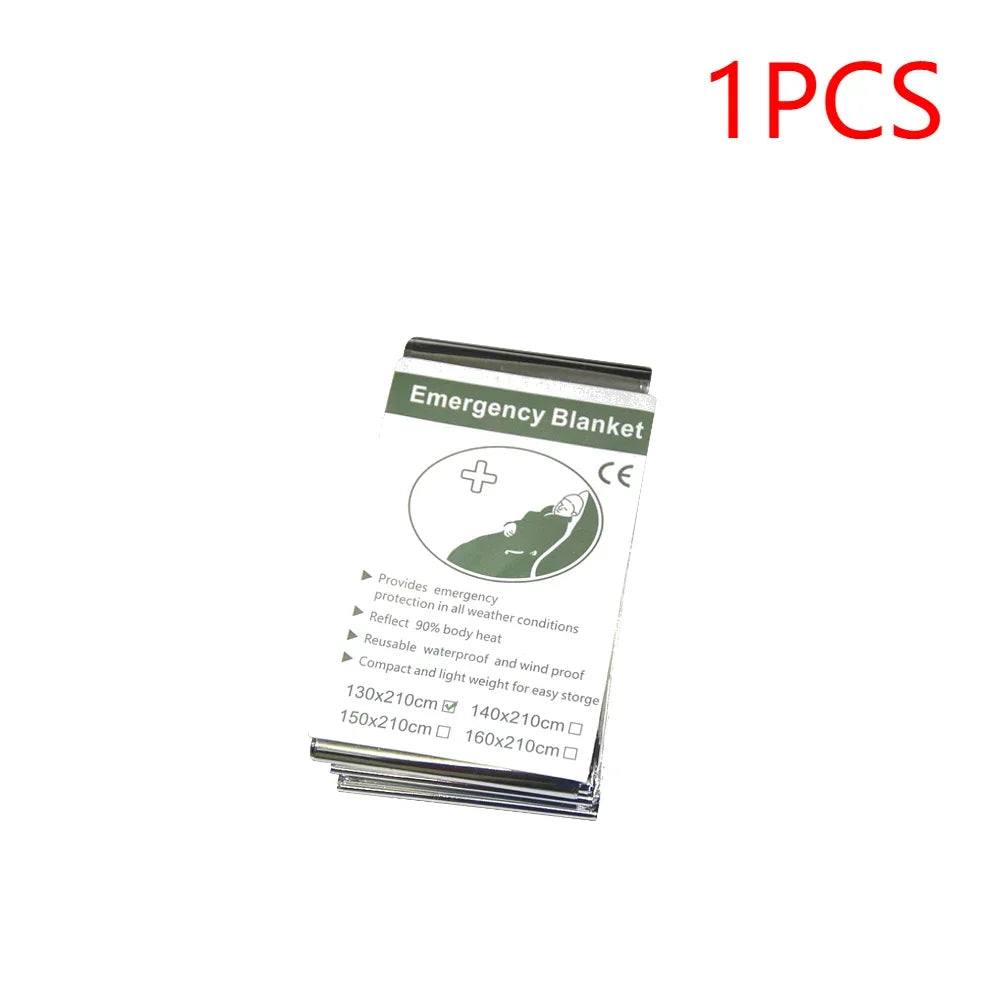 Emergency blanket packaging with text and a cross symbol on a white background