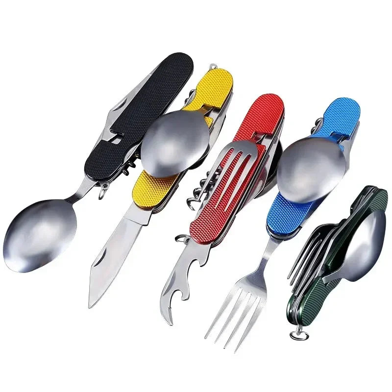 Five multi-tool pocket knives with integrated spoons and forks, shown in black, yellow, red, blue, and green handles on a white background.