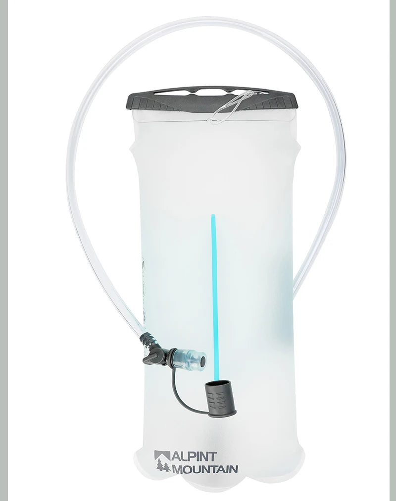 An Alpint Mountain hydration bladder with a translucent white body, a dark gray cap, a clear drinking tube, and a blue level window on a white background.