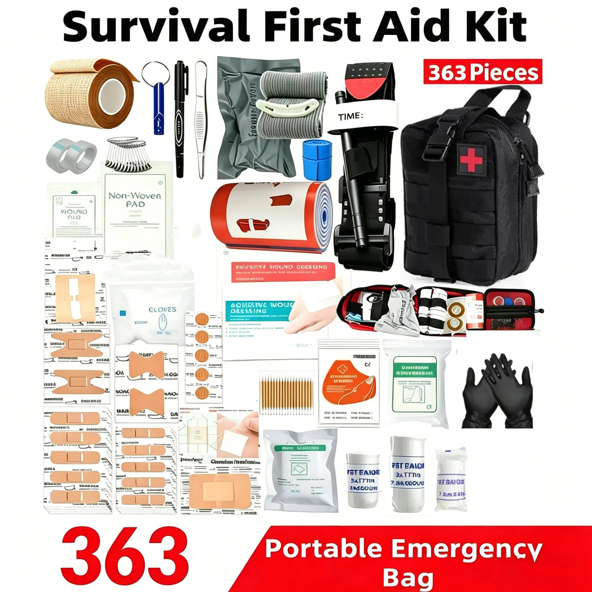 A survival first aid kit bundle shown as a collage on a white background, including a black carrying bag with a red cross, bandages, gauze, tweezers, a tourniquet, emergency wound dressing, gloves, and packaged medical supplies. Large text reads 'Survival First Aid Kit,' '363 Pieces,' and 'Portable Emergency Bag.