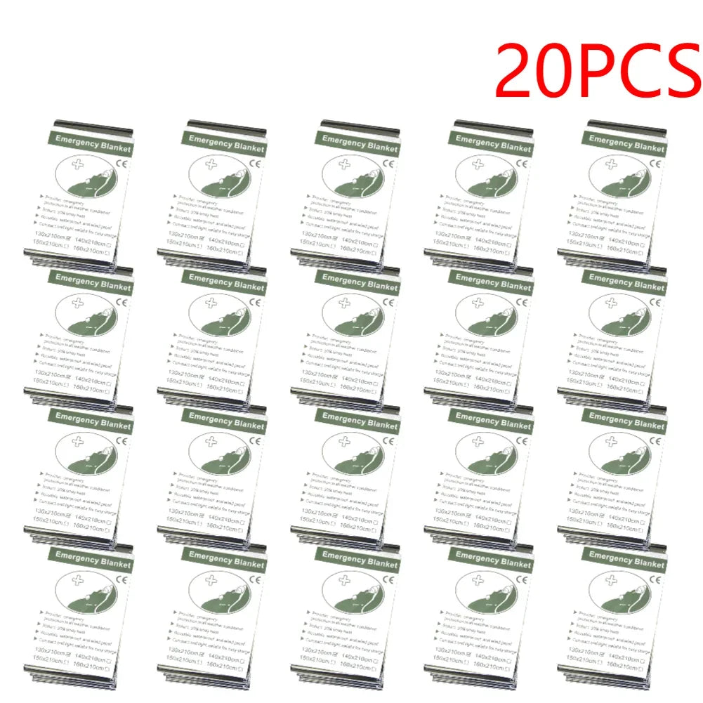 Packaging of 20 emergency blankets with green and white design.