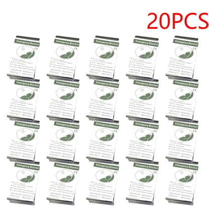 Packaging of 20 emergency blankets with green and white design.