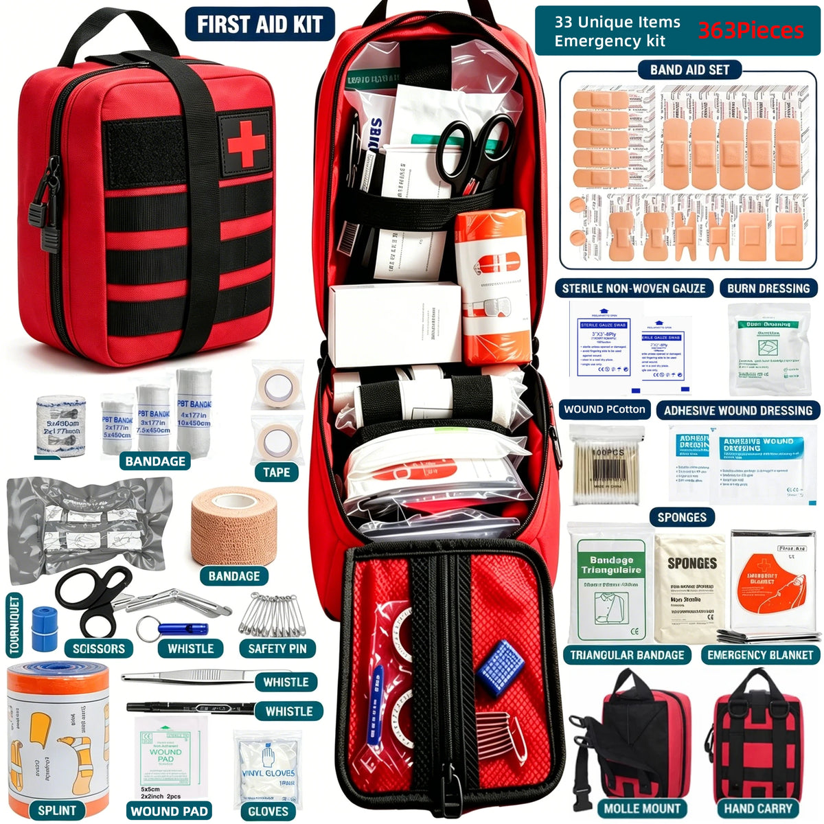 A red and black first aid kit shown open with its contents arranged around it on a white background. The kit includes bandage sets, sterile non-woven gauze, burn dressing, adhesive wound dressing, splint, wound pad, gloves, scissors, a whistle, safety pin, and other emergency care items.