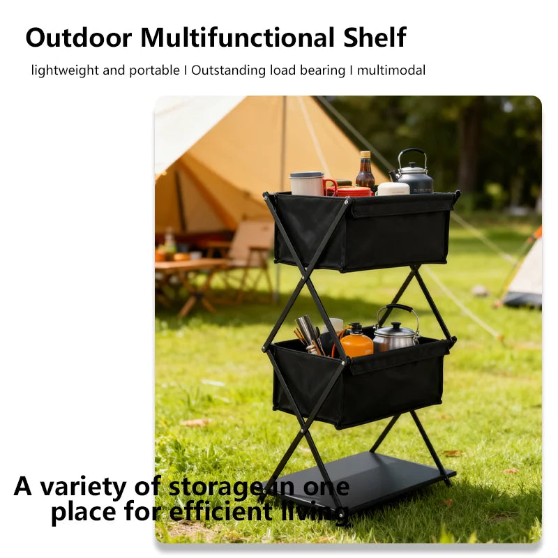Outdoor multifunctional shelf with camping gear in a grassy area with tents.