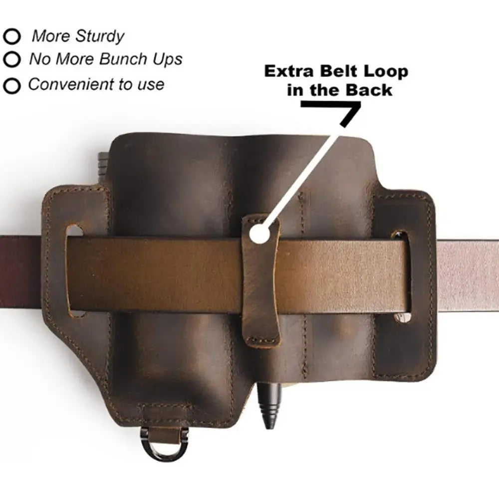 Brown leather belt with additional features highlighted on a white background
