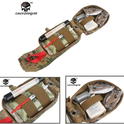 A camouflage tactical first aid kit pouch shown open in multiple views, containing medical supplies such as bandages, a red loop strap, and packaged items. The brand name 'emersongear' with a skull logo is visible in the top left and repeated in the inset images on a white background.