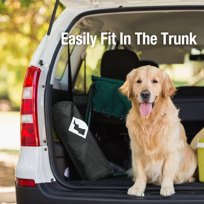 Dog sitting in a car trunk with a pet seat cover, text 'Easily Fit In The Trunk'.