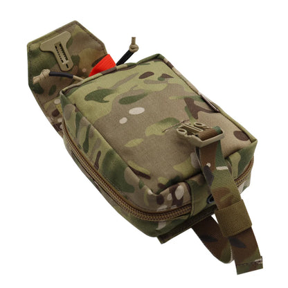 A tactical utility pouch in a MultiCam camouflage pattern, featuring a zippered main compartment, a side buckle strap, and a small red accessory tucked inside, shown on a plain white background.