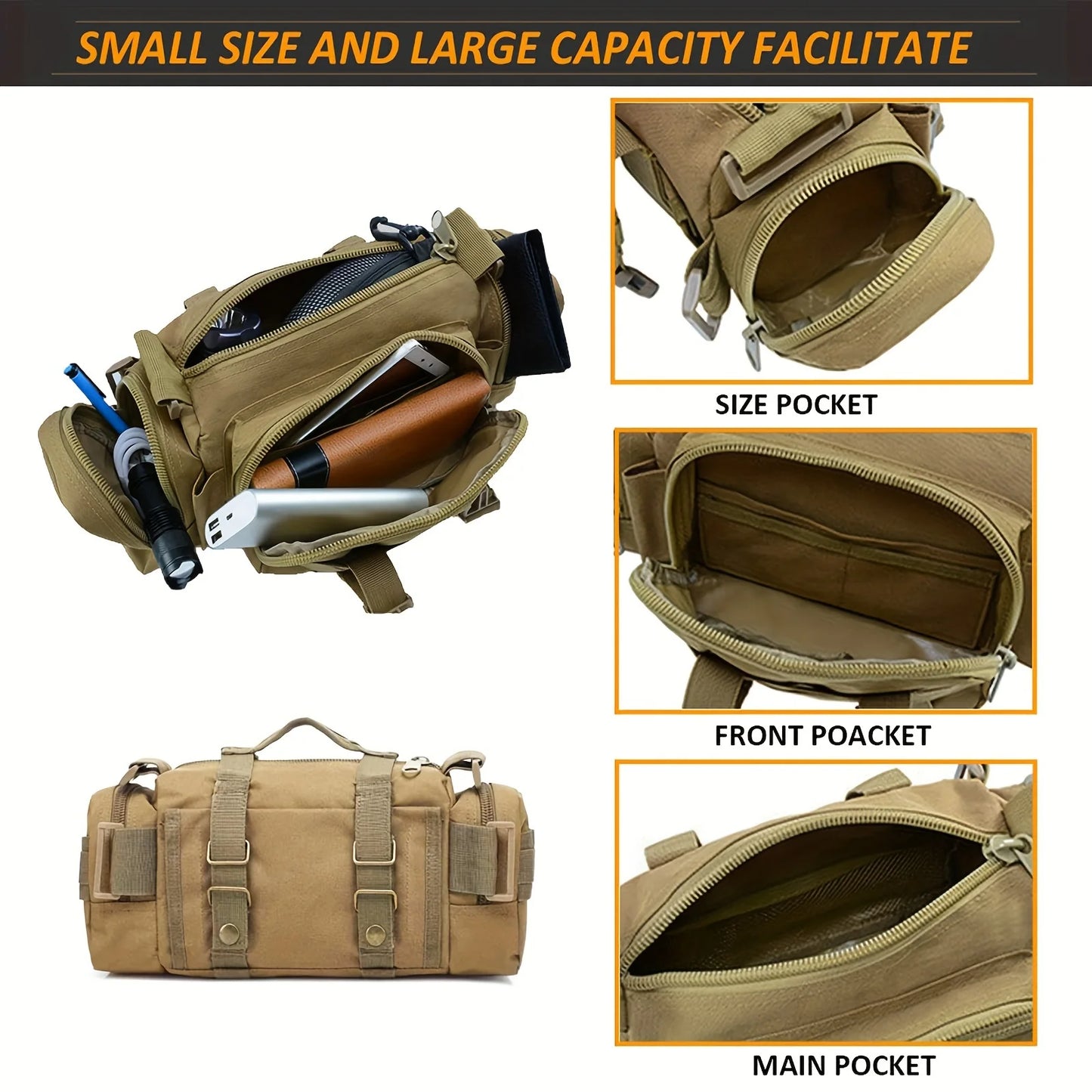 Tan tactical bag with various compartments and items, highlighting its small size and large capacity.