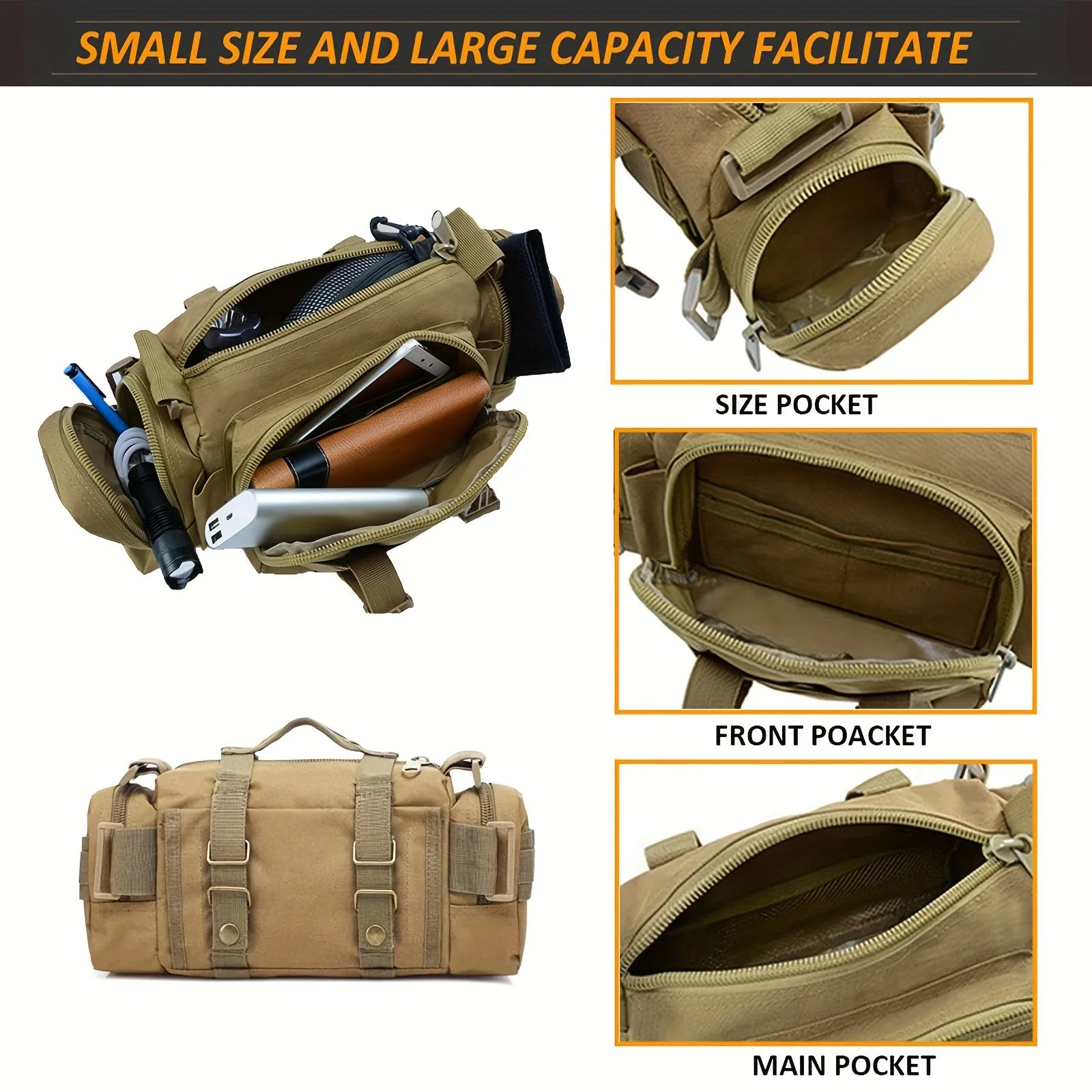 Tan tactical bag with various compartments and items, highlighting its small size and large capacity.