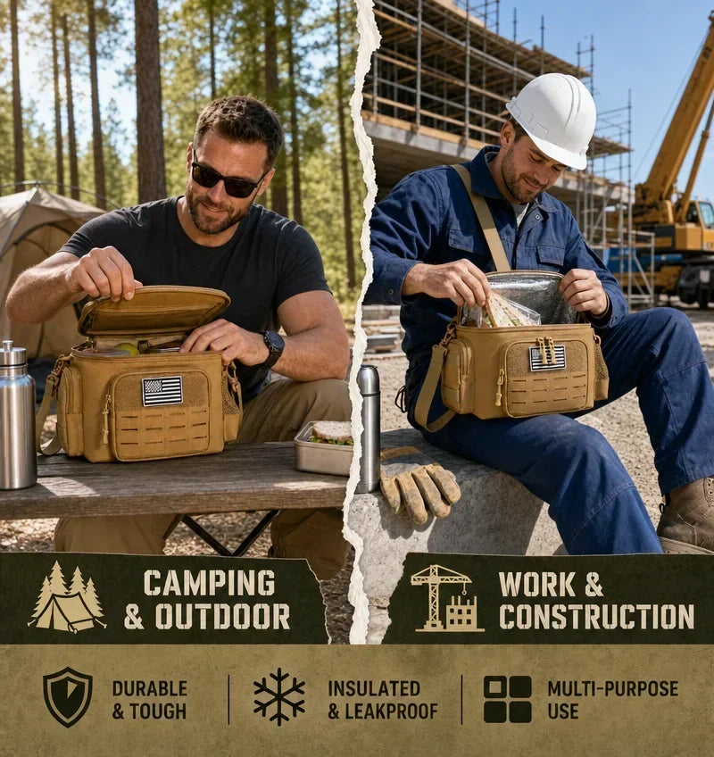 A split-screen lifestyle advertisement showing a tan tactical-style bag being used outdoors by a campfire and on a construction site. The left side is labeled 'Camping & Outdoor' and the right side is labeled 'Work & Construction'.