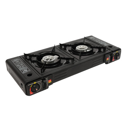 Black portable stove with two burners on a white background