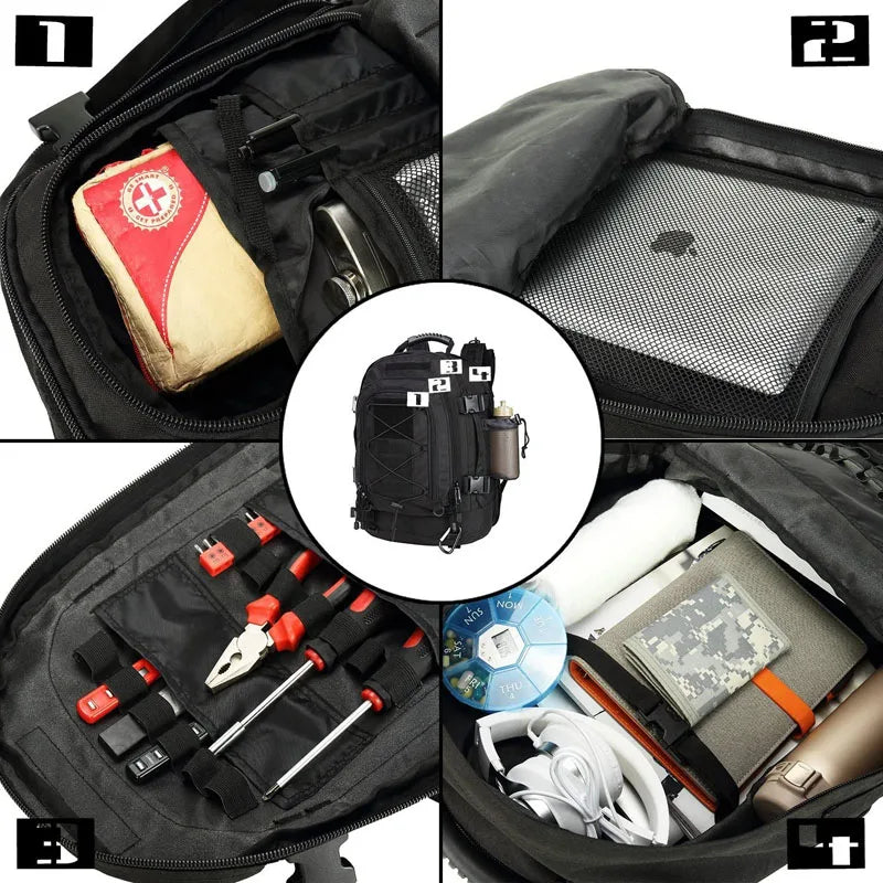 Black backpack with compartments containing various items like tools and electronic devices.