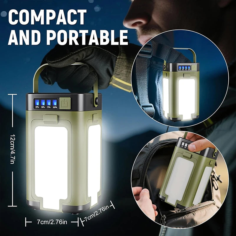 Compact portable lantern with measurement details and usage scenarios on a dark background