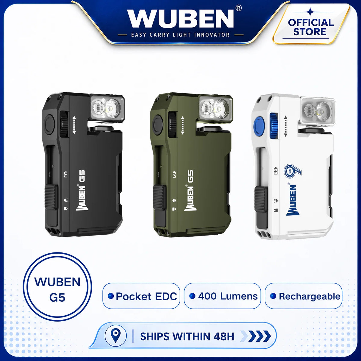 Three Wuben G5 portable LED light flashlights in black, olive green, and white, displayed side-by-side on a blue and white promotional background with text highlighting features like pocket EDC, 400 lumens, and rechargeable.