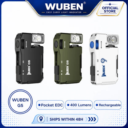 Three Wuben G5 portable LED light flashlights in black, olive green, and white, displayed side-by-side on a blue and white promotional background with text highlighting features like pocket EDC, 400 lumens, and rechargeable.