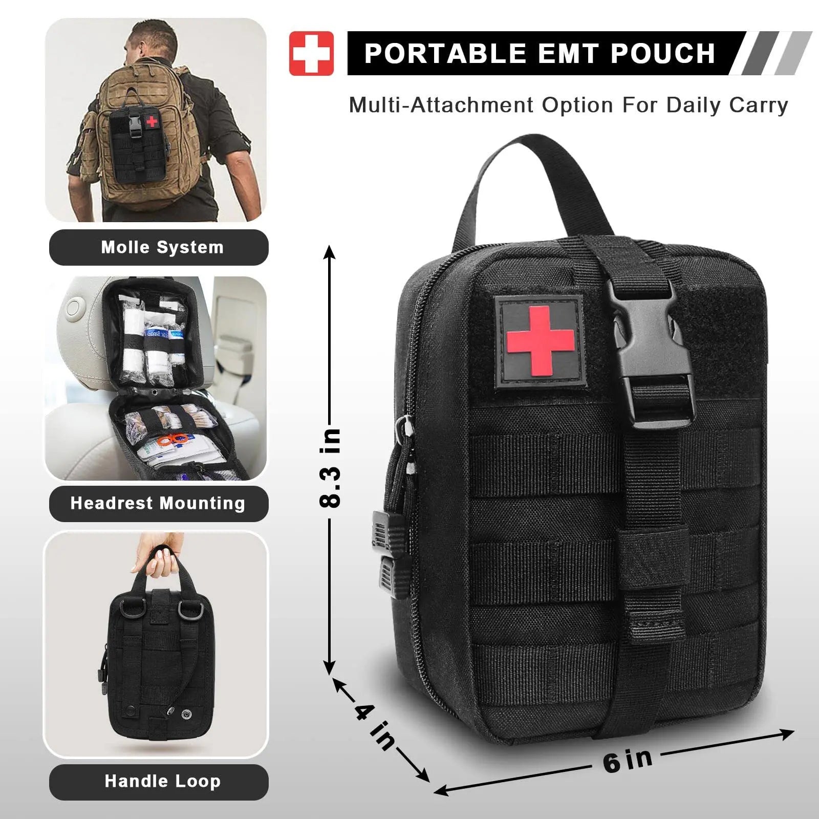 Black portable EMT pouch with red cross, shown with dimensions and attachment options on a gray background.