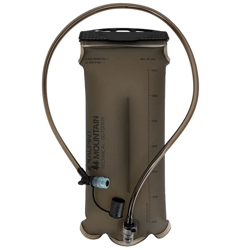 A brown insulated water bottle with a black cap and attached clear tubing, shown on a plain white background. The bottle has vertical measurement markings and the text 'MOUNTAIN OUTDOOR' printed on the side.