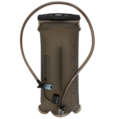 A brown insulated water bottle with a black cap and attached clear tubing, shown on a plain white background. The bottle has vertical measurement markings and the text 'MOUNTAIN OUTDOOR' printed on the side.