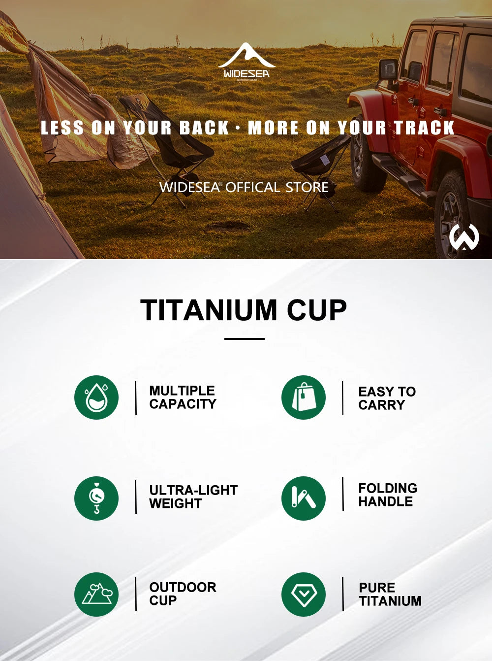 Promotional graphic for a titanium cup from Widesea, featuring a top lifestyle section with camping gear and a red Jeep in a field, and a lower section with product features on a white background including multiple capacity, easy to carry, ultra-light weight, folding handle, outdoor cup, and pure titanium.