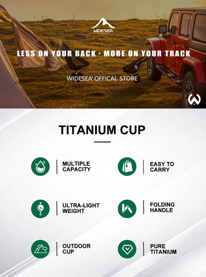 Promotional graphic for a titanium cup from Widesea, featuring a top lifestyle section with camping gear and a red Jeep in a field, and a lower section with product features on a white background including multiple capacity, easy to carry, ultra-light weight, folding handle, outdoor cup, and pure titanium.