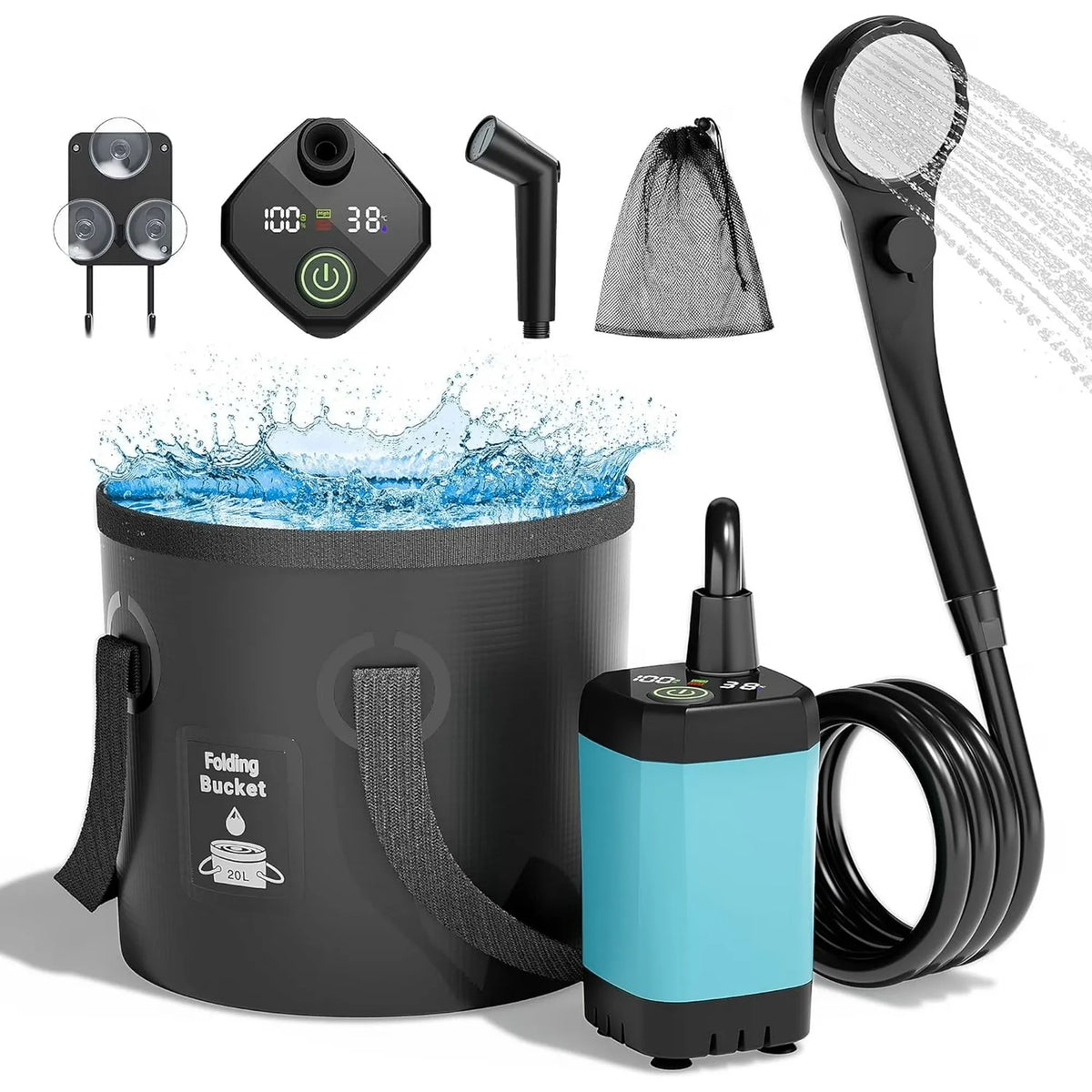 Portable folding shower bucket set with a black collapsible bucket, handheld shower head, black hose, blue-and-black pump, digital controller, spray nozzle, and mesh filter bag on a white background.