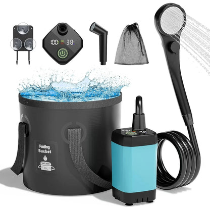 Portable folding shower bucket set with a black collapsible bucket, handheld shower head, black hose, blue-and-black pump, digital controller, spray nozzle, and mesh filter bag on a white background.