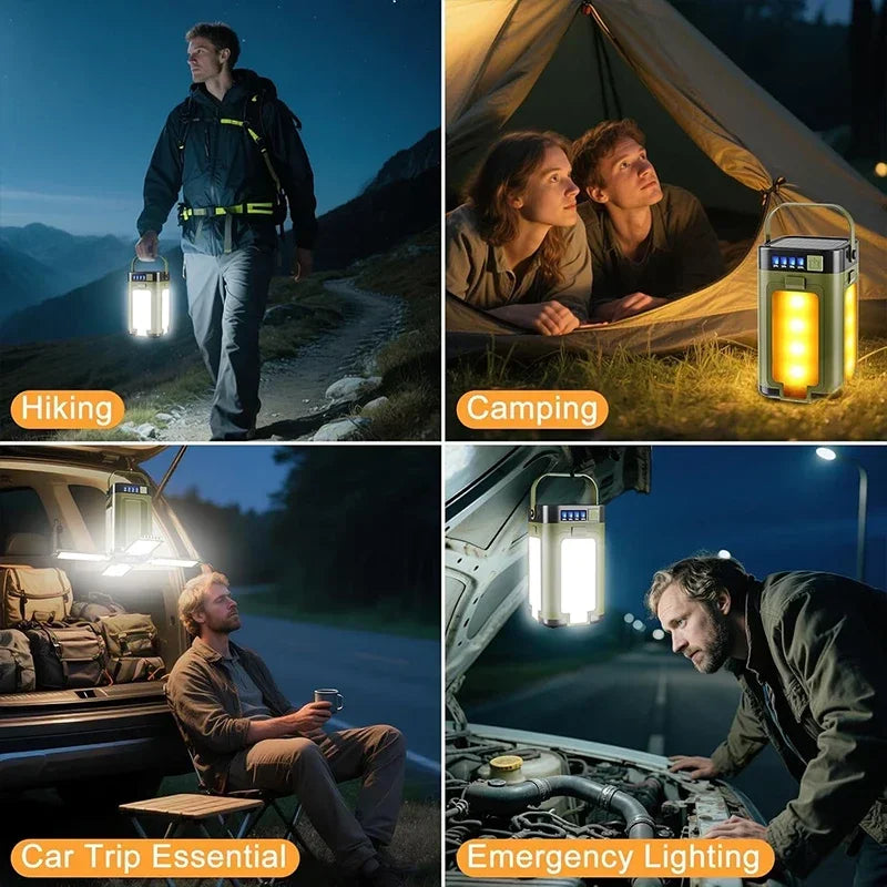 Collage of a person using a portable light in various settings including hiking, camping, car trip, and emergency situations.