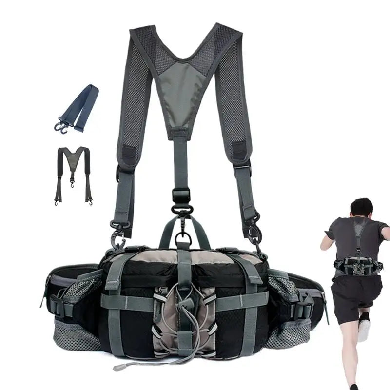 A black and gray running backpack with an integrated shoulder harness and waist belt system, shown on a white background with a small inset of a runner wearing the harness in use.
