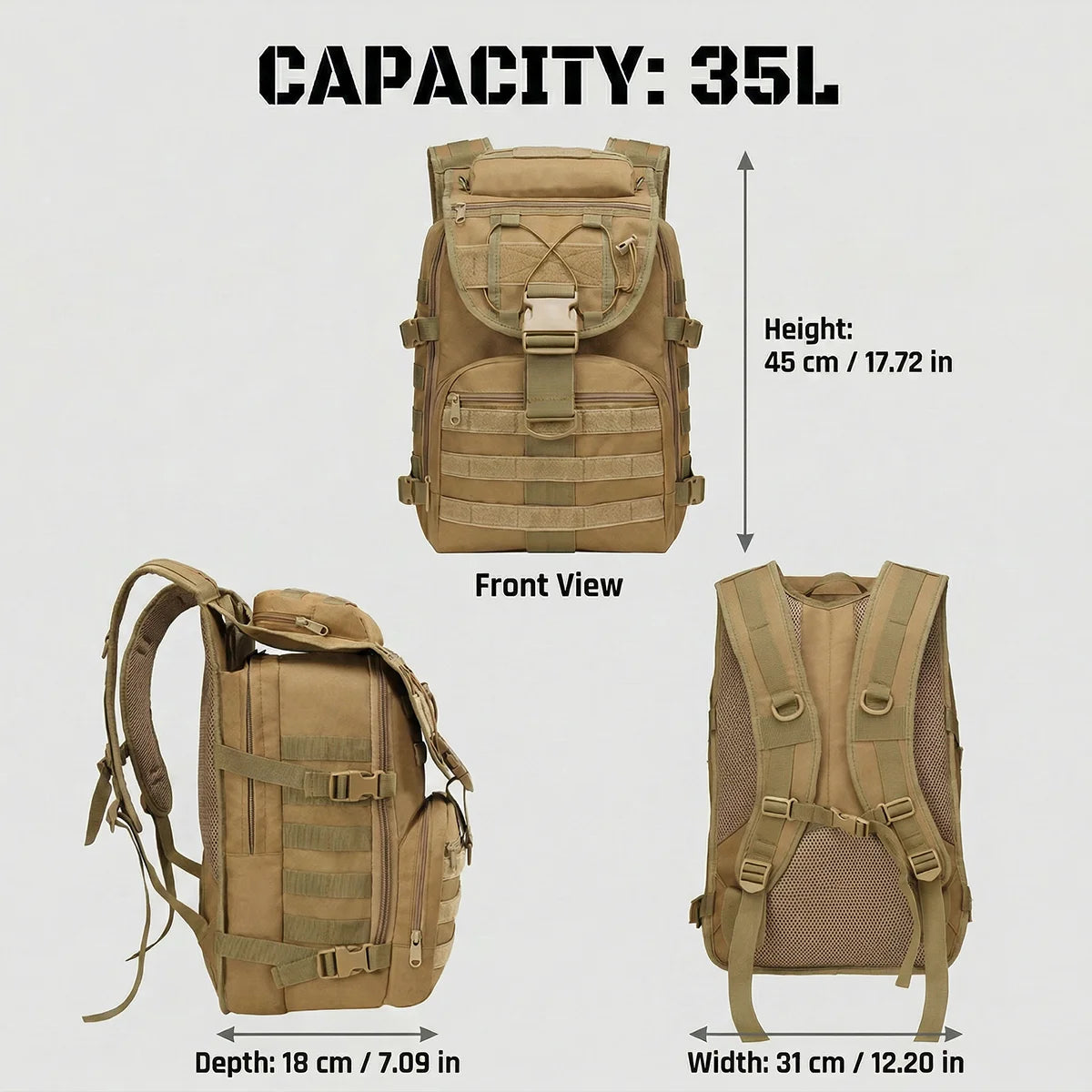A tan tactical backpack shown from three angles with overlaid dimensions: front view, side profile, and back view. Large text at the top reads 'CAPACITY: 35L' with height, depth, and width measurements labeled below each view.