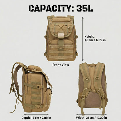 A tan tactical backpack shown from three angles with overlaid dimensions: front view, side profile, and back view. Large text at the top reads 'CAPACITY: 35L' with height, depth, and width measurements labeled below each view.