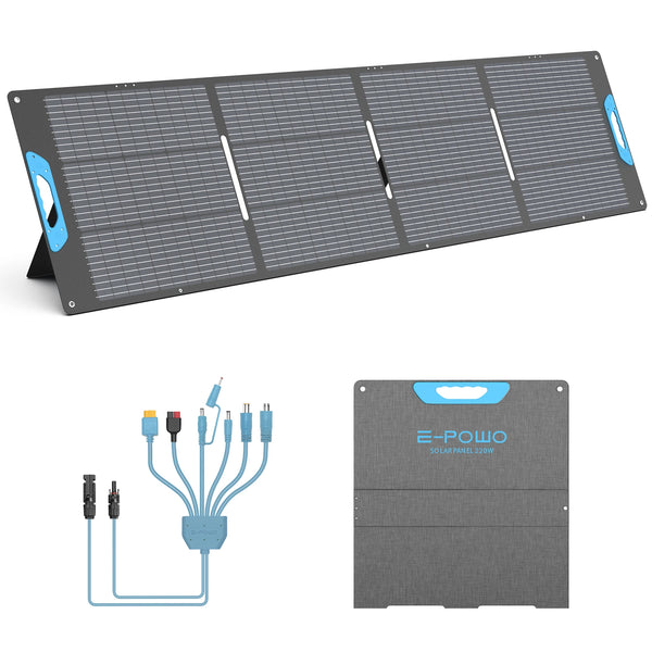 Foldable solar panel with connectors and cable on a white background