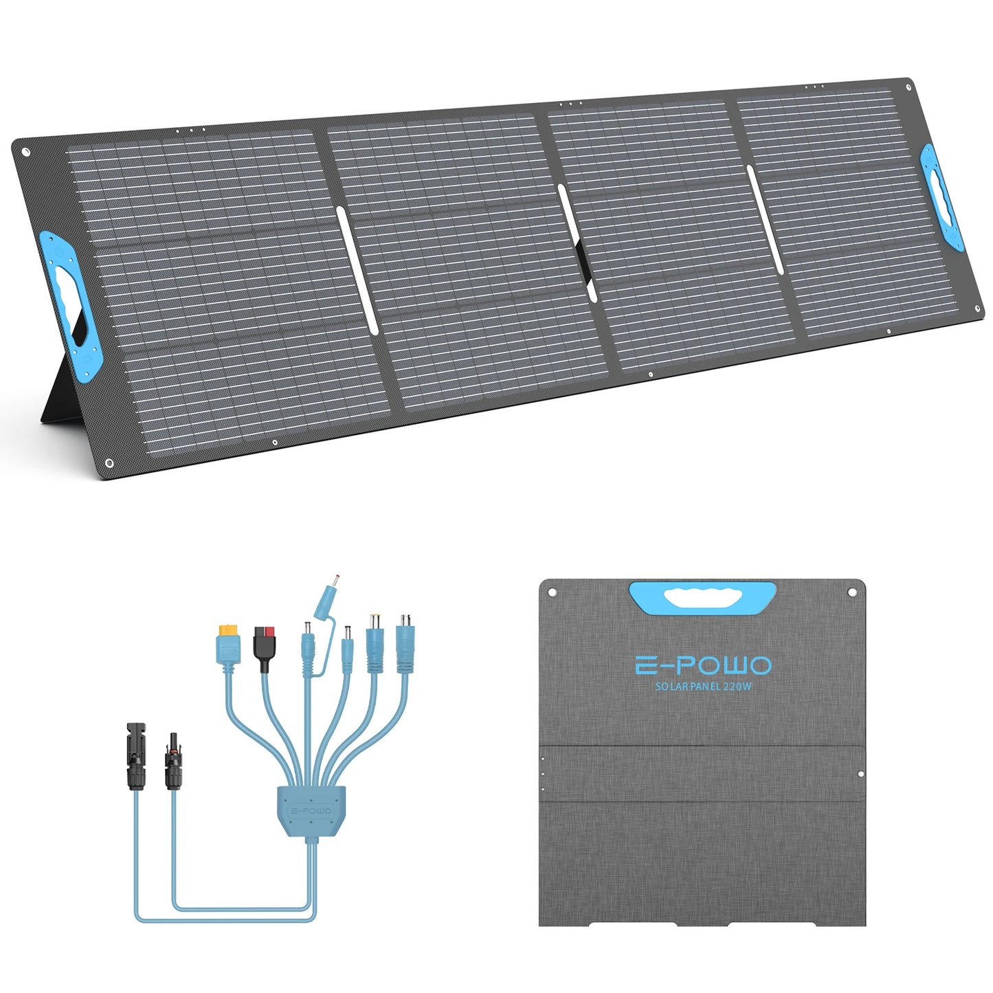 Foldable solar panel with connectors and cable on a white background