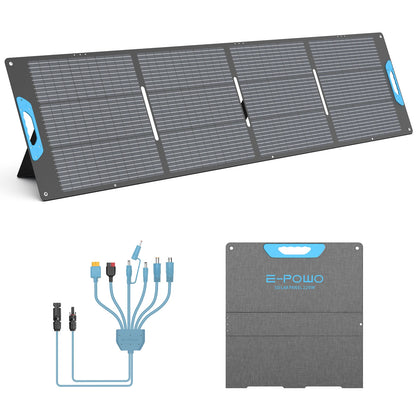 Foldable solar panel with connectors and cable on a white background
