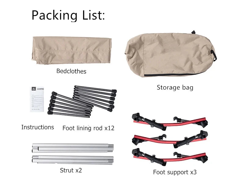 Packing list of camping equipment including bedclothes, storage bag, instructions, foot lining rod, struts, and foot support on a white background.