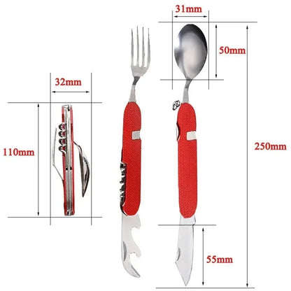 Set of red-handled camping cutlery with measurements on a white background