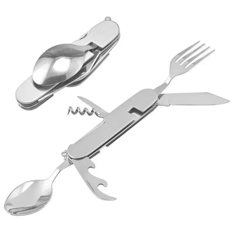 Multifunctional silver cutlery set with fork, spoon, knife, and bottle opener on a white background