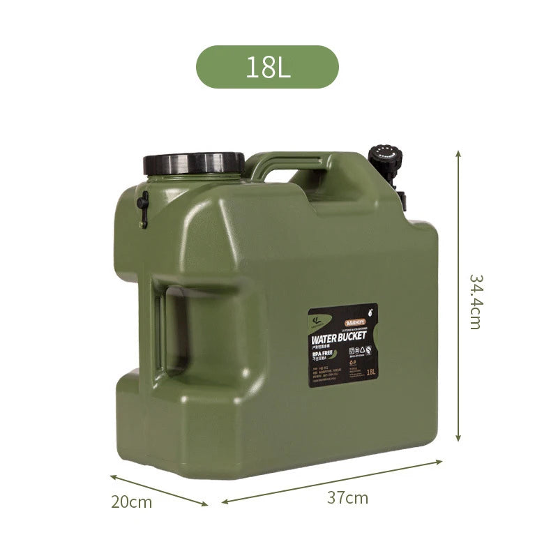 Green water container with dimensions and capacity label on a white background