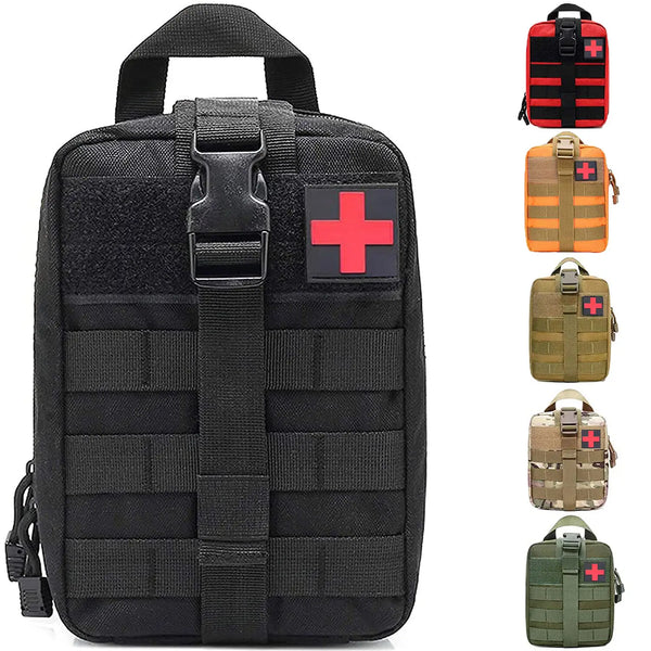 Black tactical bag with red cross on a white background, surrounded by other colored medical packs.