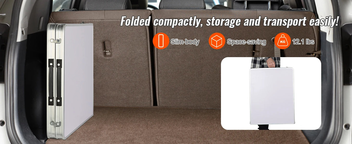 Compact storage solution folded and placed inside a vehicle, with text highlighting its features.