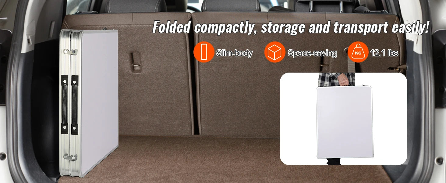 Compact storage solution folded and placed inside a vehicle, with text highlighting its features.