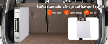Compact storage solution folded and placed inside a vehicle, with text highlighting its features.