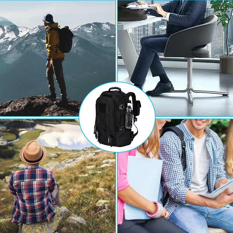 Collage of a person hiking, a person working at a desk, and two people sitting outdoors with a backpack inset.
