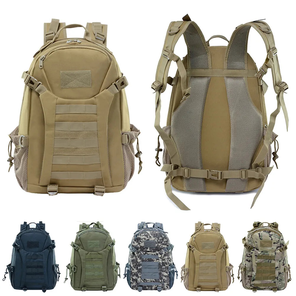 Set of tactical backpacks in various colors on a white background