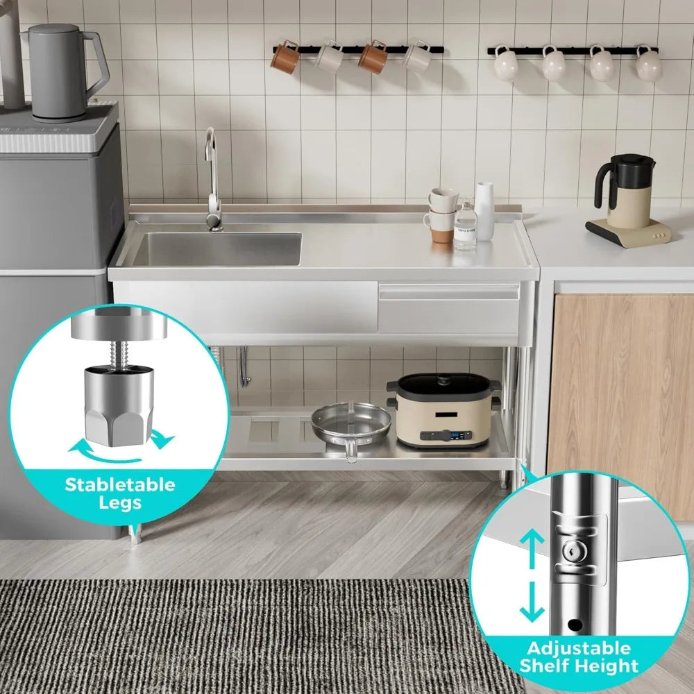 Kitchen with adjustable shelf height feature and stable legs highlighted