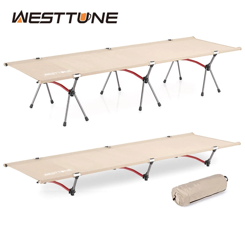 Beige camping cot with red accents and Westtune branding on a white background