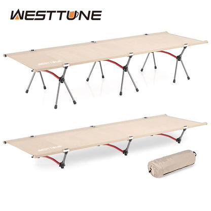 Beige camping cot with red accents and Westtune branding on a white background
