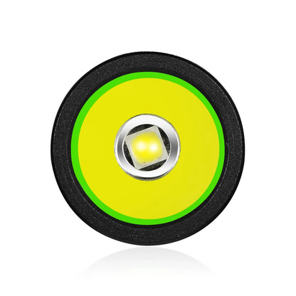 Round LED light with black rim and green center on a white background